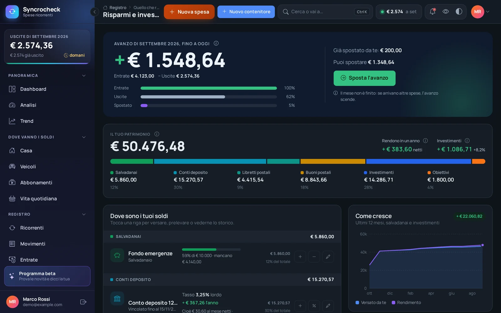 Pagina Risparmi e investimenti in tema scuro