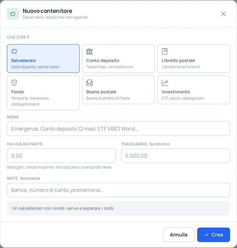 Finestra Nuovo contenitore con i tipi disponibili